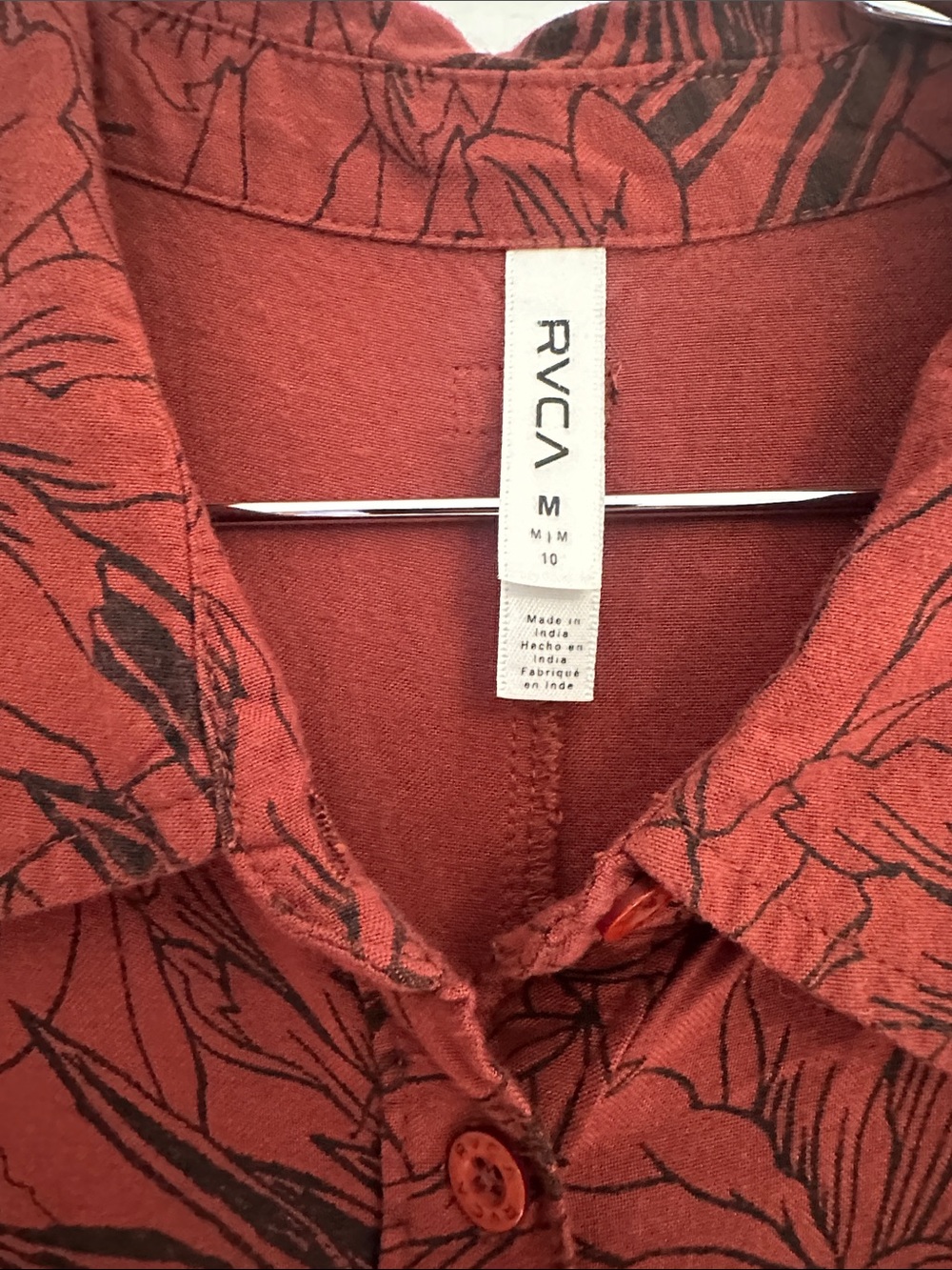 RVCA Rust Red Short-Sleeve Button Midi Dress with Black Leaf Print - Picture 4 of 5